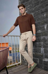 L&C Men's Beige Cotton Dobby Casual Lowers | Comfort Fit