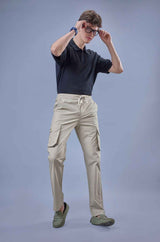 L&C Men's Khaki Cotton Dobby Cargo Pants | Comfort Fit