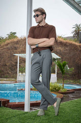 L&C Men's Stone Cotton Dobby Casual Lowers | Comfort Fit