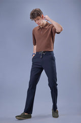 L&C Men's Navy Cotton Dobby Casual Lowers | Comfort Fit
