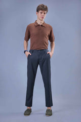 L&C Navy Checked Regular Fit Ankle Length Formal/Casual Pants For Men | Polyester Viscose Blend