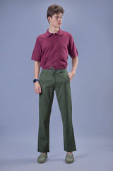 L&C Men's Olive Cotton Dobby Casual Lowers | Comfort Fit