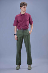 L&C Men's Olive Cotton Dobby Casual Lowers | Comfort Fit