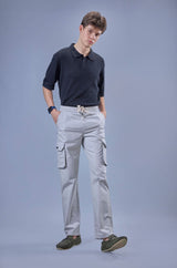 L&C Men's Light Grey Cotton Dobby Cargo Pants | Comfort Fit