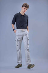 L&C Men's Light Grey Cotton Dobby Cargo Pants | Comfort Fit