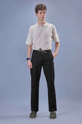 L&C Men's Black Cotton Dobby Casual Lowers | Comfort Fit