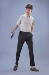 L&C Black Lined Regular Fit Ankle Length Formal/Casual Pants For Men | Polyester Viscose Blend