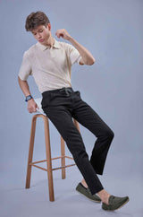 L&C Men's Black Cotton Dobby Casual Lowers | Comfort Fit