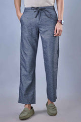L&C Blue Relax Fit Ankle Length Casual Lowers for Men | Linen Blend Comfort