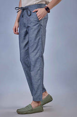 L&C Blue Relax Fit Ankle Length Casual Lowers for Men | Linen Blend Comfort