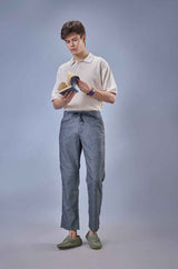 L&C Dark Grey Relax Fit Ankle Length Casual Linen Blend Lowers For Men