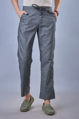 L&C Dark Grey Relax Fit Ankle Length Casual Linen Blend Lowers For Men