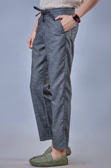 L&C Dark Grey Relax Fit Ankle Length Casual Linen Blend Lowers For Men