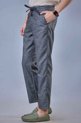 L&C Dark Grey Relax Fit Ankle Length Casual Linen Blend Lowers For Men