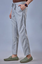 L&C Light Grey Relax Fit Ankle Length Casual Lowers for Men | Linen Blend | Versatile Comfort