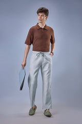 L&C Light Grey Relax Fit Casual Ankle Length Linen Blend Lowers for Men