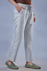 L&C Light Grey Relax Fit Casual Ankle Length Linen Blend Lowers for Men