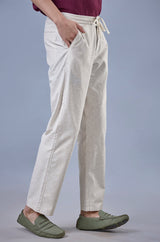 L&C Beige Relax Fit Ankle Length Casual Lowers for Men | Linen Blend | Comfortable Lounge Wear