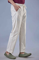 L&C Beige Relax Fit Ankle Length Casual Lowers for Men | Linen Blend | Comfortable Lounge Wear
