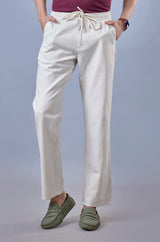 L&C Beige Relax Fit Ankle Length Casual Lowers for Men | Linen Blend | Comfortable Lounge Wear