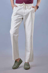 L&C Beige Relax Fit Ankle Length Casual Lowers for Men | Linen Blend | Comfortable Lounge Wear