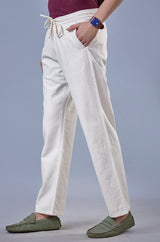 L&C Beige Relax Fit Ankle Length Casual Lowers for Men | Linen Blend | Comfortable Lounge Wear