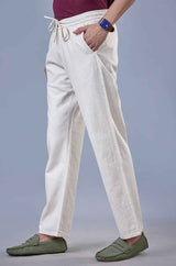 L&C Beige Relax Fit Ankle Length Casual Lowers for Men | Linen Blend | Comfortable Lounge Wear