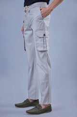 L&C Men's Light Grey Cotton Dobby Cargo Pants | Comfort Fit