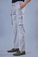 L&C Men's Light Grey Cotton Dobby Cargo Pants | Comfort Fit