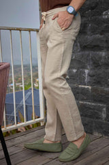 L&C Men's Beige Cotton Dobby Casual Lowers | Comfort Fit