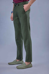 L&C Men's Olive Cotton Dobby Casual Lowers | Comfort Fit