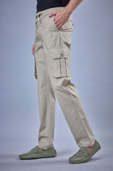 L&C Men's Khaki Cotton Dobby Cargo Pants | Comfort Fit