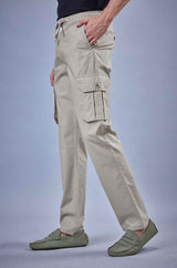 L&C Men's Khaki Cotton Dobby Cargo Pants | Comfort Fit