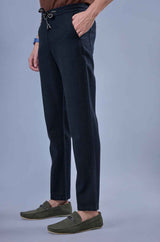 L&C Men's Navy Cotton Dobby Casual Lowers | Comfort Fit