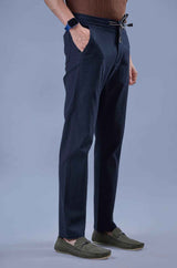 L&C Men's Navy Cotton Dobby Casual Lowers | Comfort Fit