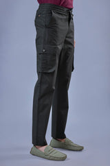 L&C Men's Olive Cotton Dobby Cargo Pants | Comfort Fit