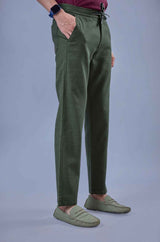 L&C Men's Olive Cotton Dobby Casual Lowers | Comfort Fit