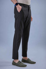 L&C Black Lined Regular Fit Ankle Length Formal/Casual Pants For Men | Polyester Viscose Blend