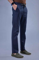 L&C Men's Navy Cotton Dobby Casual Lowers | Comfort Fit