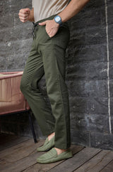 L&C Men's Olive Cotton Dobby Casual Lowers | Comfort Fit