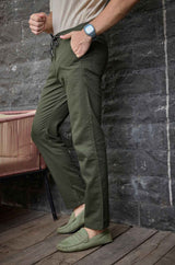 L&C Men's Olive Cotton Dobby Casual Lowers | Comfort Fit