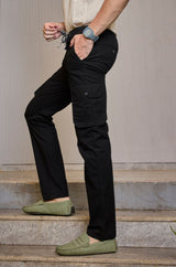 L&C Men's Black Cotton Dobby Cargo Pants | Comfort Fit