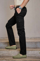 L&C Men's Black Cotton Dobby Cargo Pants | Comfort Fit