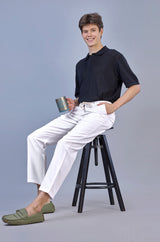 L&C Men's White Linen Look Dobby | Polyester | Casual Lowers | Relax Fit With 4 Pockets and Drawstring