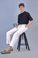 L&C Men's White Linen Look Dobby | Polyester | Casual Lowers | Relax Fit With 4 Pockets and Drawstring