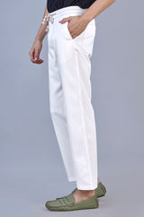 L&C Men's White Linen Look Dobby | Polyester | Casual Lowers | Relax Fit With 4 Pockets and Drawstring