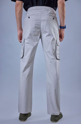 L&C Men's Light Grey Cotton Dobby Cargo Pants | Comfort Fit