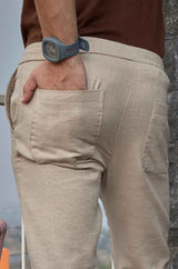 L&C Men's Beige Cotton Dobby Casual Lowers | Comfort Fit