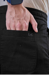 L&C Men's Black Cotton Dobby Casual Lowers | Comfort Fit