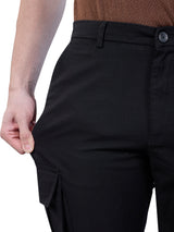 L&C Black | Relax Fit | Regular Length | Gripper Elastic Cargo For Men with Chain | Cotton Dobby | Dobby